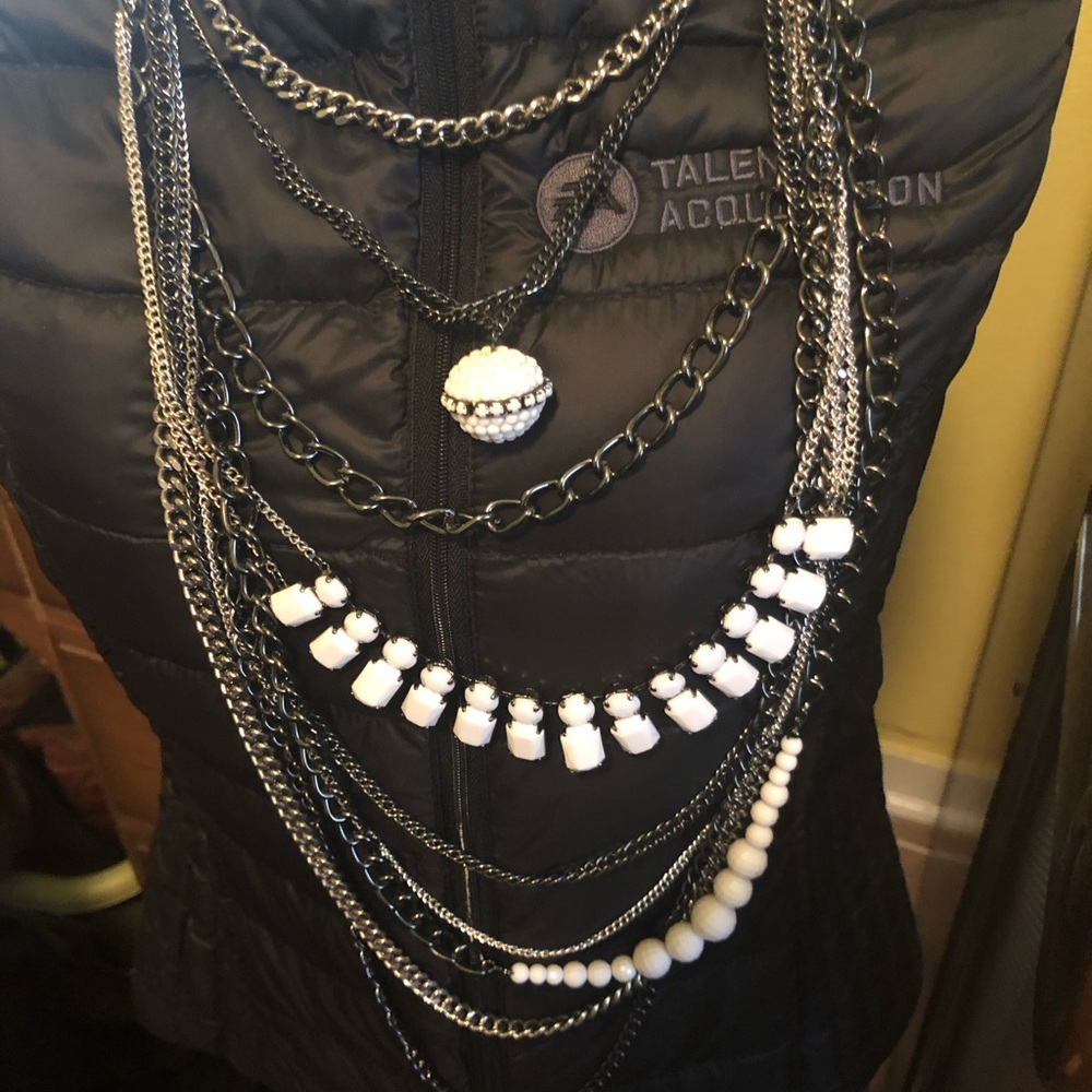 Multi chain beads rhinestones stone long necklace